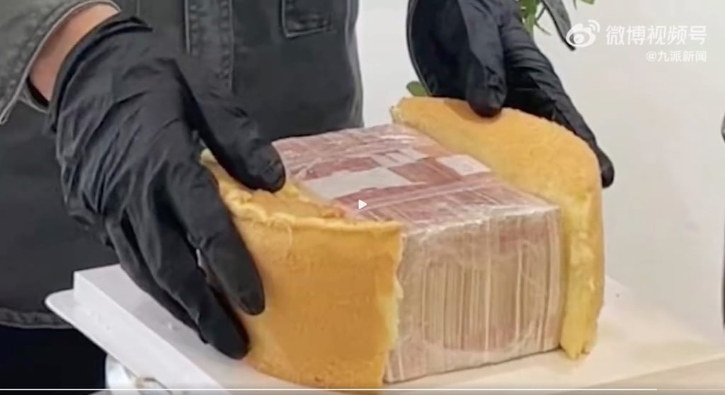 The innocent shop owner was asked by a customer to conceal US$2,800 inside a baked cake. Photo: Weibo The innocent shop owner was asked by a customer to conceal US$2,800 inside a baked cake. Photo: Weibo