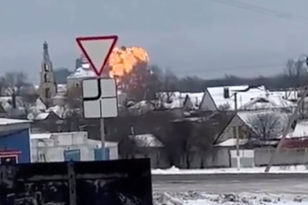 Flames rise from the scene of a warplane that crashed at a residential area near Yablonovo, Belgorod region, on Wednesday. Photo: Validated UGC video via AP