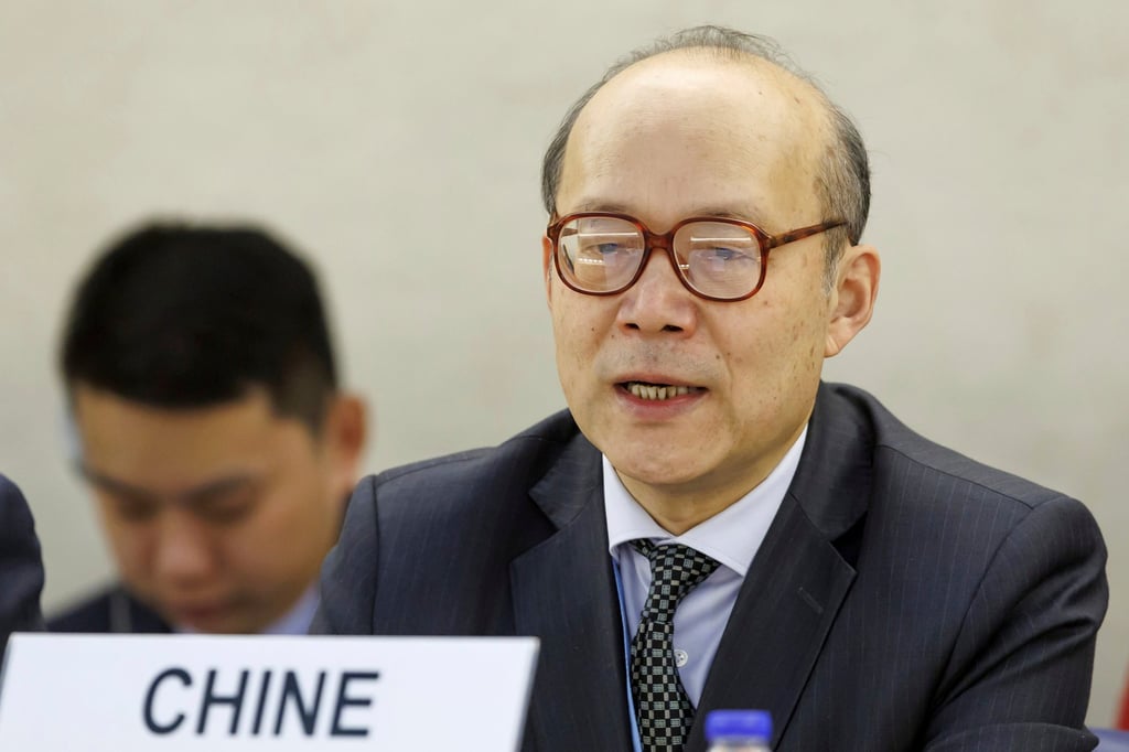 Chen Xu, China’s ambassador to the UN in Geneva, during the Human Rights Council’s Universal Periodic Review session On Tuesday. Photo: Keystone via AP Chen Xu, China’s ambassador to the UN in Geneva, during the Human Rights Council’s Universal Periodic Review session On Tuesday. Photo: Keystone via AP