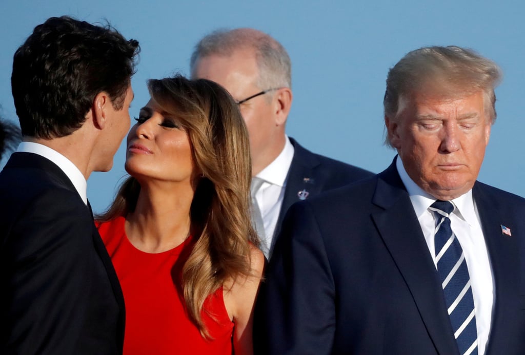 US first lady Melania Trump kisses Canada’s Prime Minister Justin Trudeau next to US President Donald Trump during the family photo at the G7 summit in Biarritz, France in August 2019. Photo: Reuters
