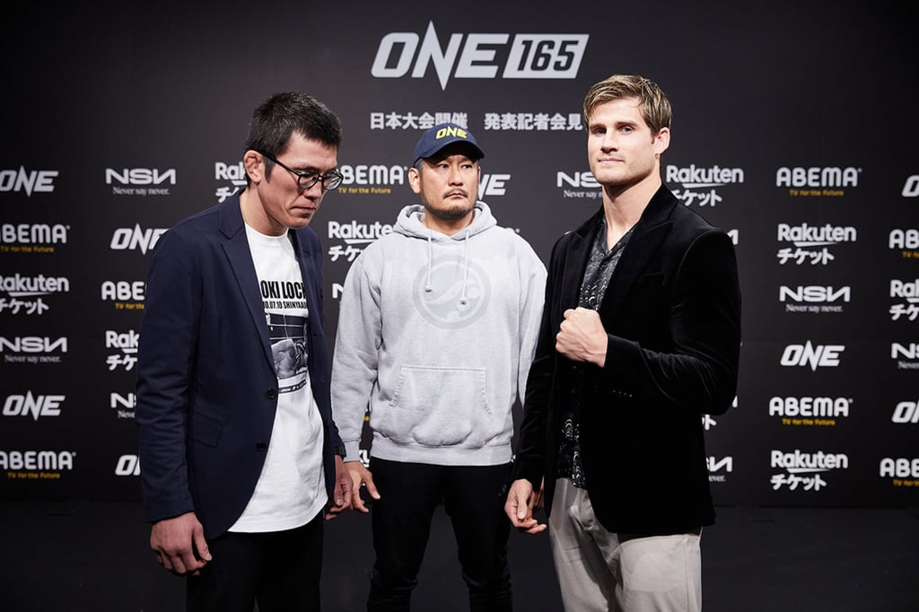 Sage Northcutt (left) alongside opponent Shinya Aoki and ONE Championship boss Chatri Sityodtong (centre). Photo: ONE Championship Sage Northcutt (left) alongside opponent Shinya Aoki and ONE Championship boss Chatri Sityodtong (centre). Photo: ONE Championship
