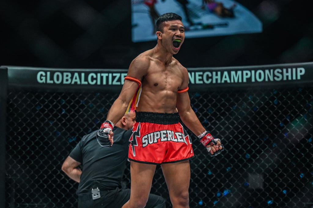 Superlek Kiatmoo9 celebrates beating Walter Goncalves. Photo: ONE Championship