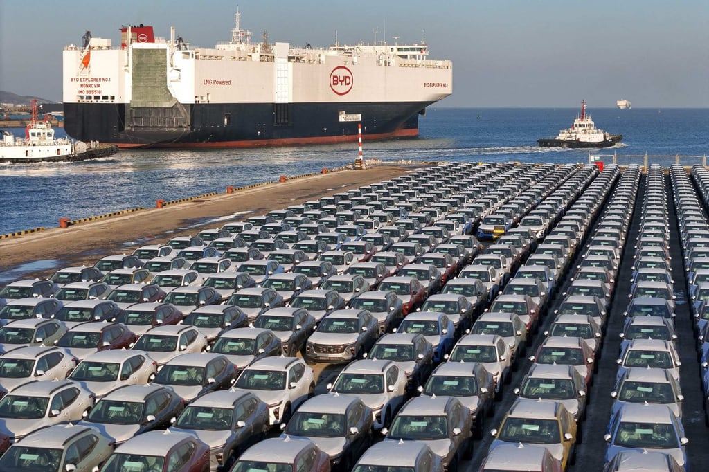 Electric cars wait to be loaded on the BYD Explorer No.1, a domestically manufactured vessel for exporting Chinese cars, at Yantai port in eastern China’s Shandong province on January 10, 2024. Photo: AFP Electric cars wait to be loaded on the BYD Explorer No.1, a domestically manufactured vessel for exporting Chinese cars, at Yantai port in eastern China’s Shandong province on January 10, 2024. Photo: AFP