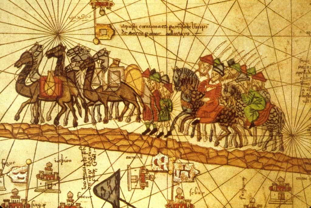 An illustrated map depicts the journey of Polo along the silk road to China in the 13th century. Photo: Getty Images