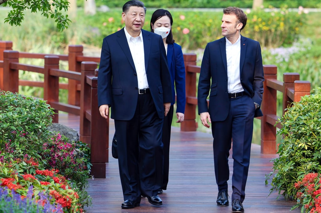 Chinese President Xi Jinping and French President Emmanuel Macron during Macron’s visit to Guangzhou on April 7, 2023. Photo: EPA-EFE