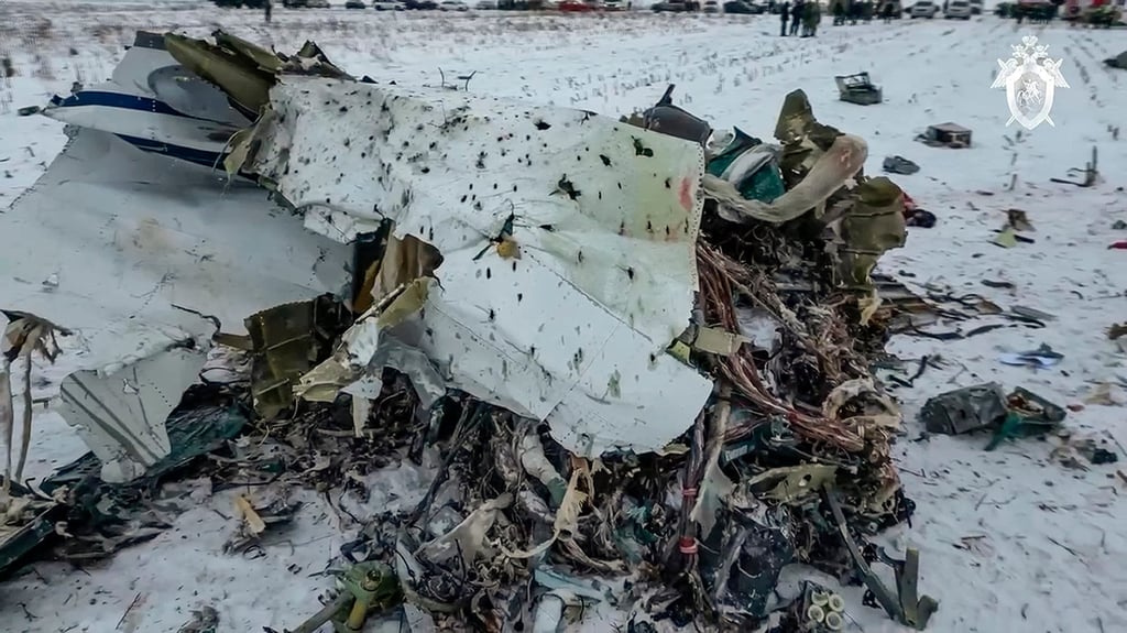 The wreckage of a Russian Il-76 is seen near Yablonovo, in the Belgorod region of Russia on Thursday. Photo: Russian Investigative Committee via AP The wreckage of a Russian Il-76 is seen near Yablonovo, in the Belgorod region of Russia on Thursday. Photo: Russian Investigative Committee via AP