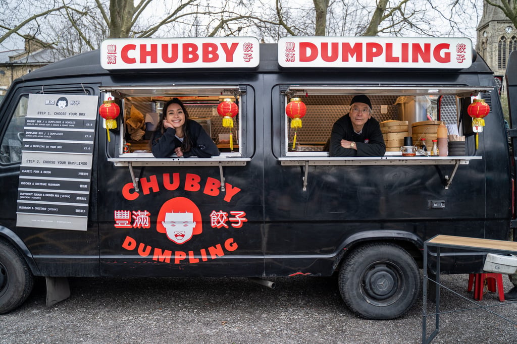 Chantel Yeung, founder of Chubby Dumpling, and her father, Joseph Yeung Wai-hung, in their converted fire engine. Photo: Chubby Dumpling