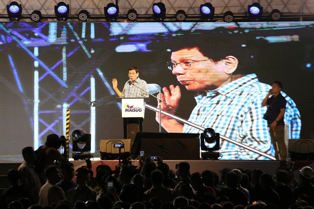 Former Philippine president Rodrigo Duterte gives a speech in Davao on Sunday. He is throwing allegations at his successor, Fernando Marcos Jnr, and even raising the prospect of removing him from office, bringing into the open a long-rumoured split between the two. Photo: AP Former Philippine president Rodrigo Duterte gives a speech in Davao on Sunday. He is throwing allegations at his successor, Fernando Marcos Jnr, and even raising the prospect of removing him from office, bringing into the open a long-rumoured split between the two. Photo: AP