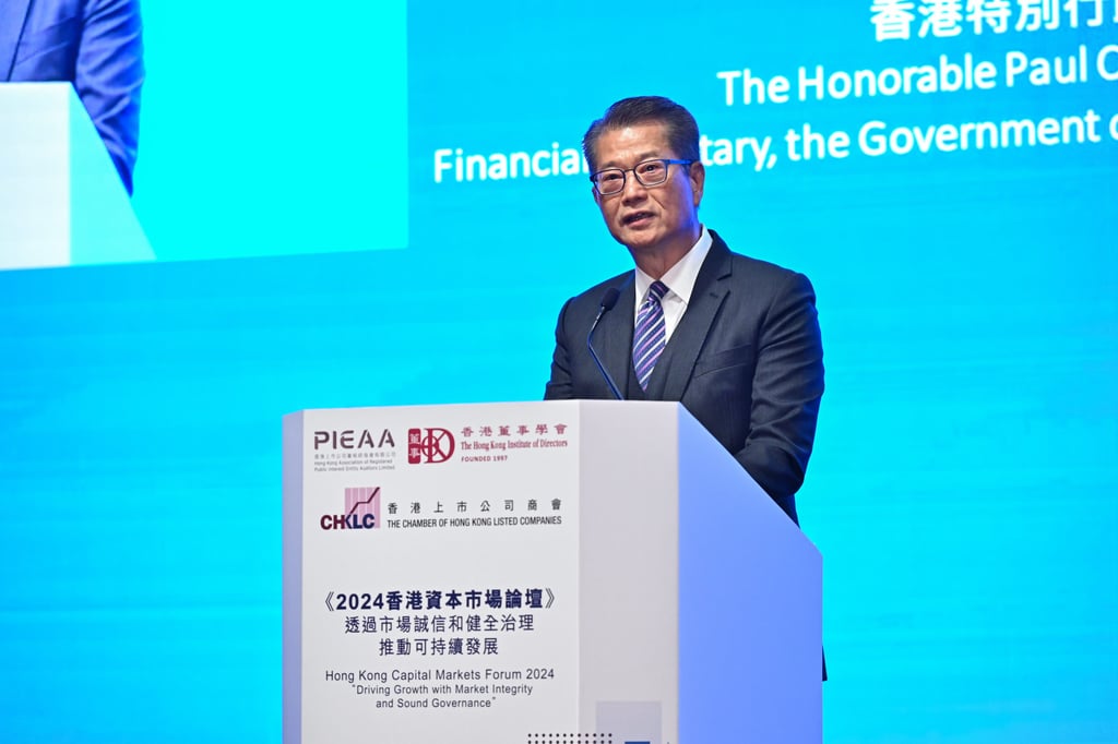 Financial Secretary Paul Chan addresses the Hong Kong Capital Markets Forum on Tuesday. Photo: Handout Financial Secretary Paul Chan addresses the Hong Kong Capital Markets Forum on Tuesday. Photo: Handout