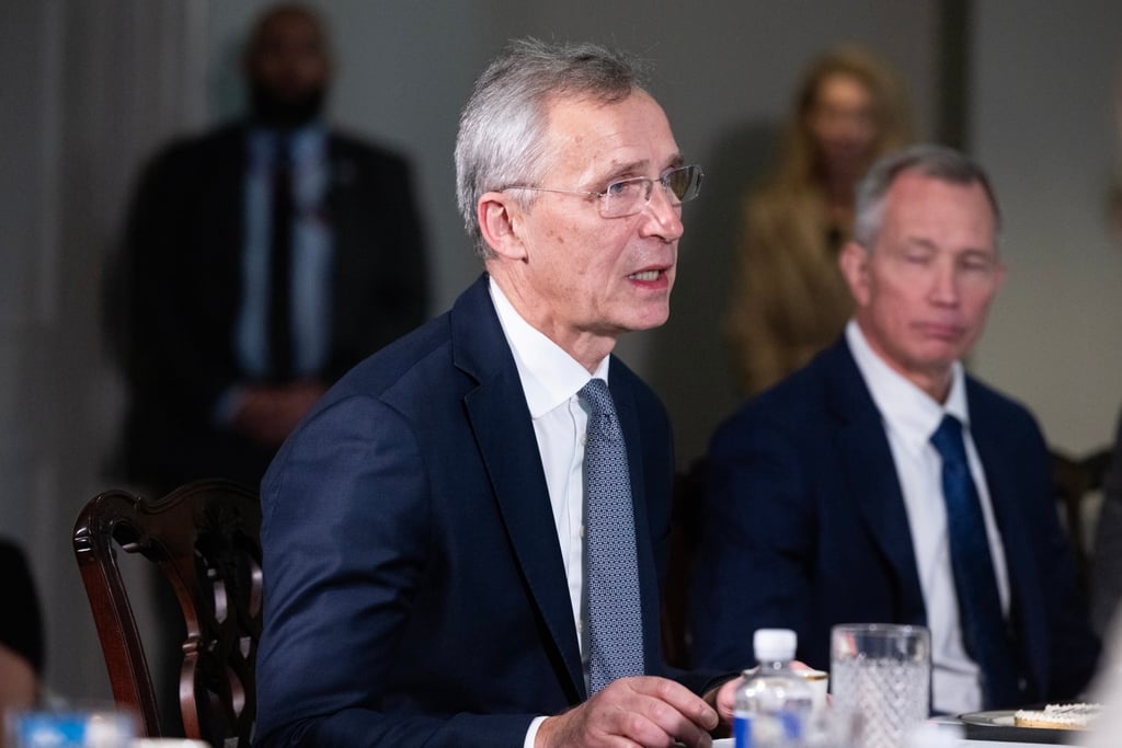 Nato Secretary General Jens Stoltenberg in a meeting with US Defence Secretary Lloyd Austin (not pictured) at the Pentagon in Arlington, Virginia, US on Monday. Photo: EPA-EFE