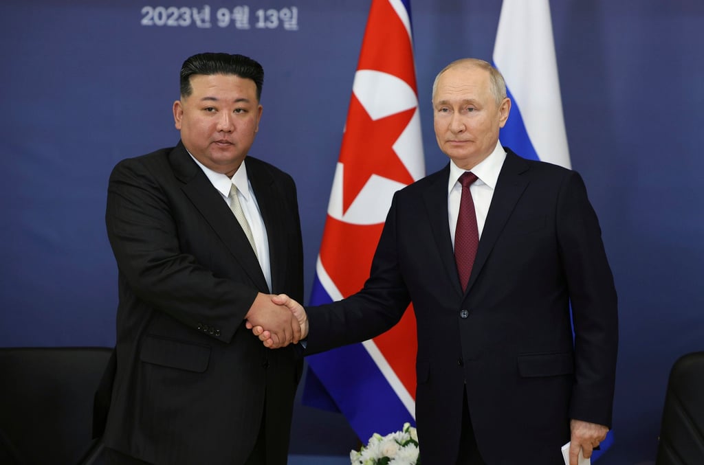 Russian President Vladimir Putin, right, and North Korea’s leader Kim Jong-un at the Vostochny cosmodrome in Russia’s Far East on September 13, 2023. Photo: Kremlin Pool via AP