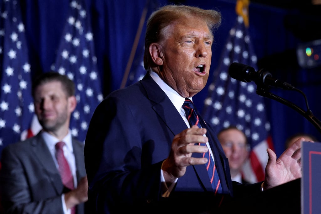 Republican presidential candidate Donald Trump speaking at his New Hampshire presidential primary election night watch party, in Nashua, New Hampshire, on January 23. Photo: Reuters Republican presidential candidate Donald Trump speaking at his New Hampshire presidential primary election night watch party, in Nashua, New Hampshire, on January 23. Photo: Reuters
