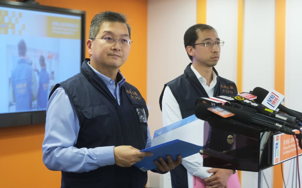 Lo Dik-fan (left) and Billy Kwan, assistant privacy commissioner, discuss action taken against cryptocurrency firm Worldcoin. Photo: Sun Yeung Lo Dik-fan (left) and Billy Kwan, assistant privacy commissioner, discuss action taken against cryptocurrency firm Worldcoin. Photo: Sun Yeung