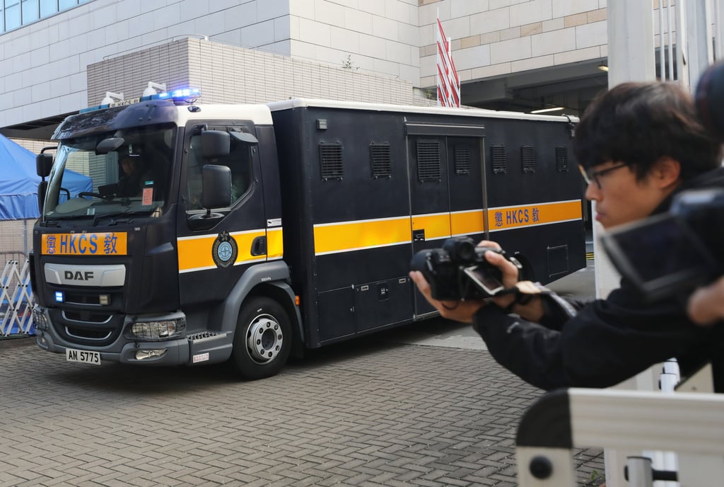 A prison van carrying Jimmy Lai leaves West Kowloon Court as his trial continues. Photo: Xiaomei Chen A prison van carrying Jimmy Lai leaves West Kowloon Court as his trial continues. Photo: Xiaomei Chen