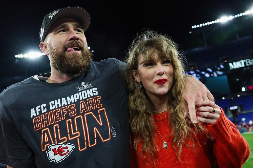 Travis Kelce No 87 of the Kansas City Chiefs (left), celebrates with Taylor Swift after defeating the Baltimore Ravens in the AFC championship game at M&T Bank Stadium on January 28, in Baltimore, Maryland. Photo: Getty Images/AFP Travis Kelce No 87 of the Kansas City Chiefs (left), celebrates with Taylor Swift after defeating the Baltimore Ravens in the AFC championship game at M&T Bank Stadium on January 28, in Baltimore, Maryland. Photo: Getty Images/AFP