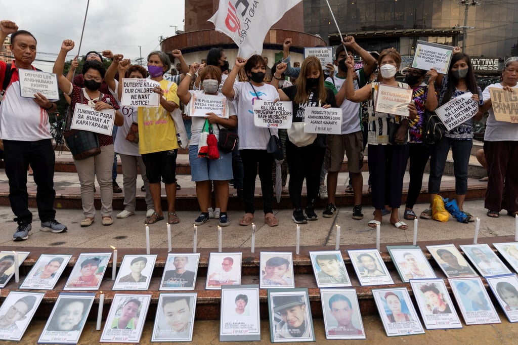 Relatives of drug war victims gather for a solidarity march in Quezon City on July 18 after the International Criminal Court ruled to continue investigations into the killings in the Philippines. Photo: Reuters