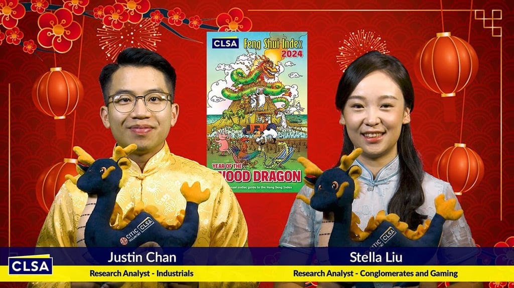 CLSA analysts Justin Chan and Stella Liu unveil the brokerage’s annual Feng Shui Index on Thursday. Photo: Handout CLSA analysts Justin Chan and Stella Liu unveil the brokerage’s annual Feng Shui Index on Thursday. Photo: Handout