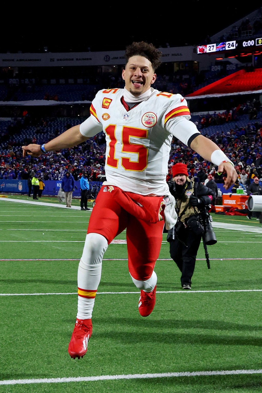 Patrick Mahomes celebrates after defeating the Buffalo Bills in the AFC Divisional Playoff game this January. Photo: Getty Images via AFP Patrick Mahomes celebrates after defeating the Buffalo Bills in the AFC Divisional Playoff game this January. Photo: Getty Images via AFP