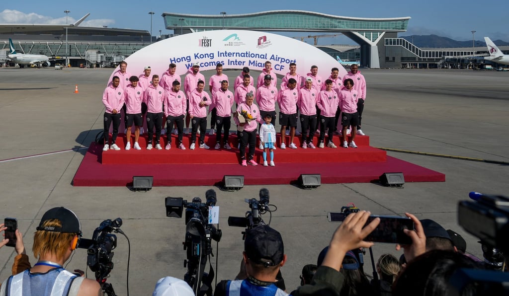 The Inter Miami team poses for photos after arriving at Hong Kong International Airport by private jet. Photo: Sam Tsang The Inter Miami team poses for photos after arriving at Hong Kong International Airport by private jet. Photo: Sam Tsang