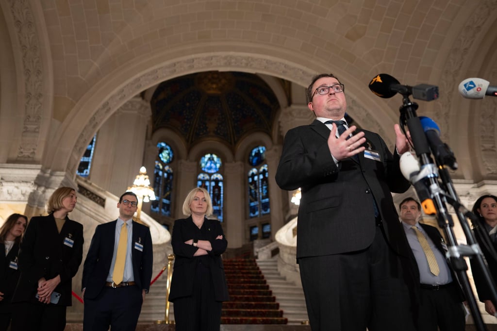 Anton Korynevych, ambassador-at-large of the Ukraine Foreign Ministry, gives a statement after the International Court of Justice ruling on Friday. Photo: AP