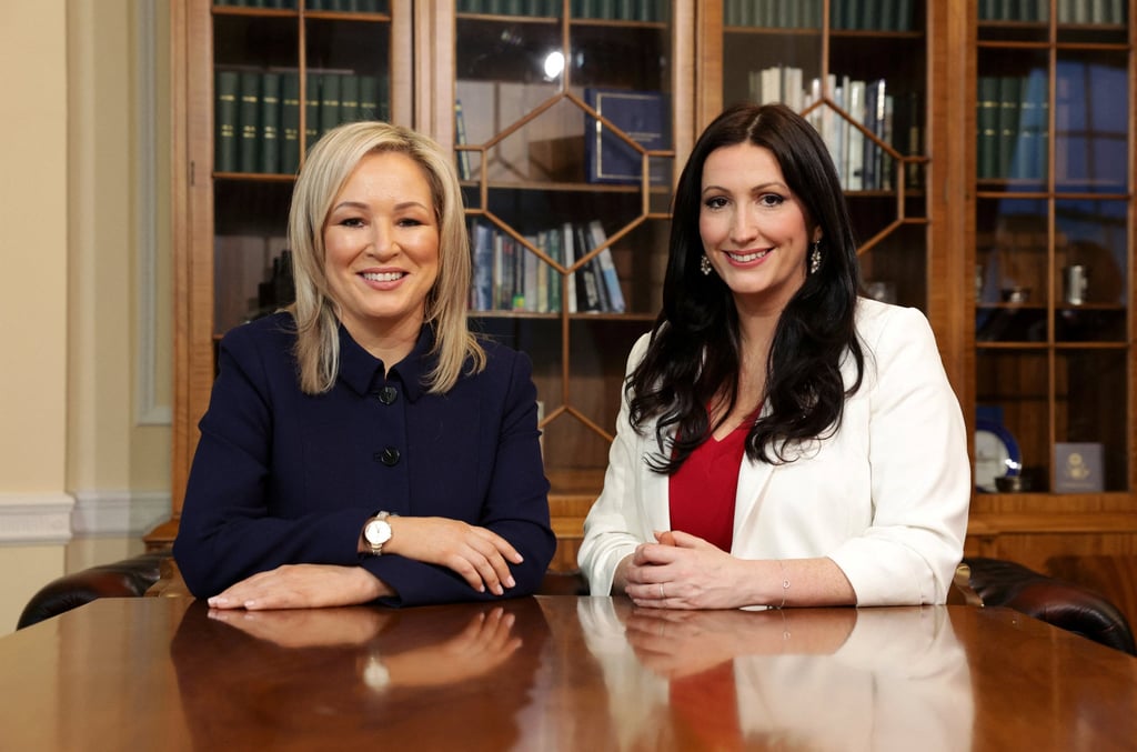 Northern Ireland’s new First Minister Michelle O’Neill, left, and Deputy First Minister Emma Little-Pengelly at Stormont in Belfast, Northern Ireland on Sunday. Photo: Reuters
