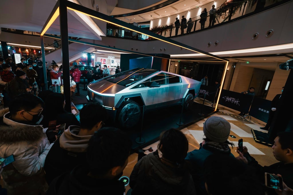 A Tesla Cybertruck is display in a mall in Shanghai last month. Photo: EPA-EFE