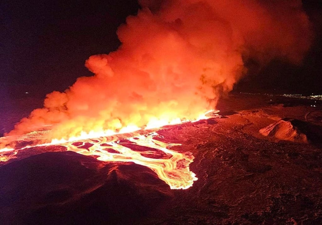 Aerial view of the volcano erupting, north of Grindavík, Iceland on Thursday. Photo: AP