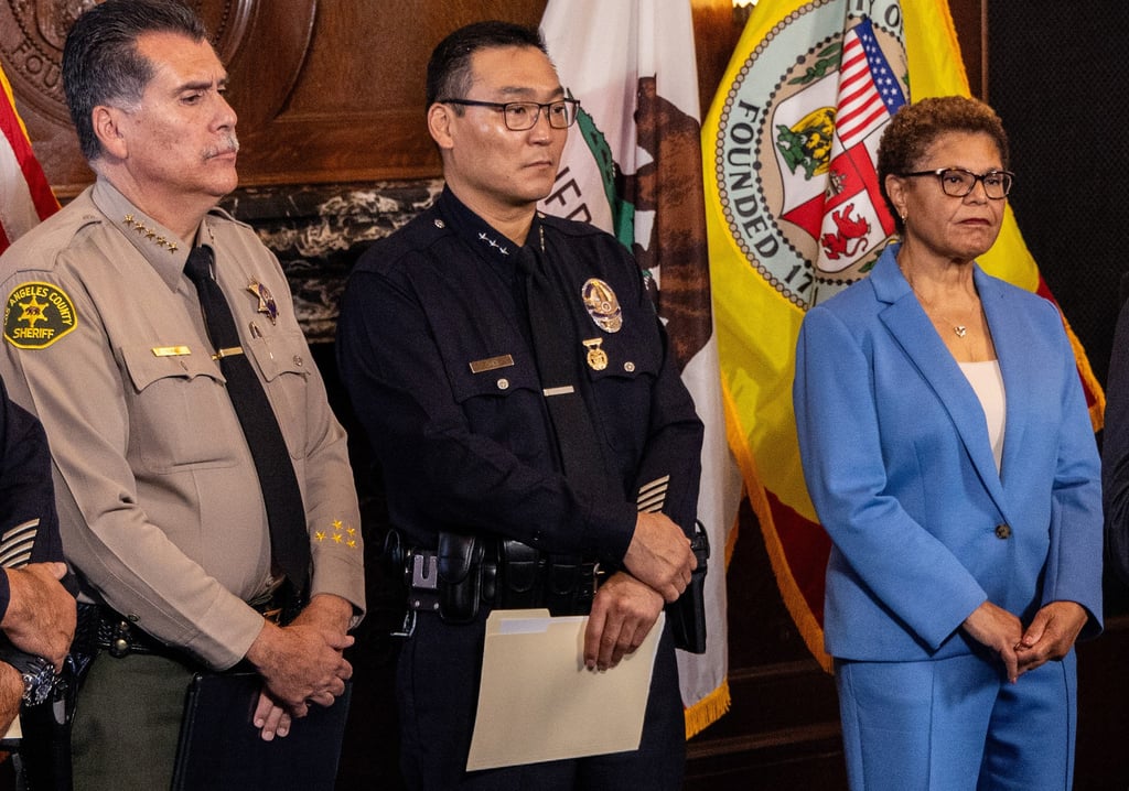 Los Angeles County Sheriff Robert Luna, Los Angeles Police Department Assistant Chief Dominic Choi, and Los Angeles Mayor Karen Bass. File photo: TNS