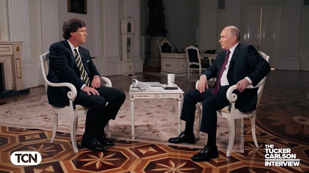 Russian President Vladimir Putin speaks with Tucker Carlson in Moscow. Photo: Tucker Carlson Network via Reuters