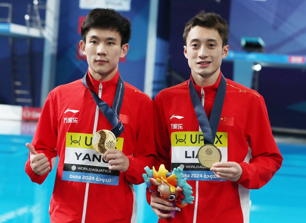 Gold medallists Junjie Lian (right) and Hao Yang at the World Aquatics Championships. Photo: EPA-EFE Gold medallists Junjie Lian (right) and Hao Yang at the World Aquatics Championships. Photo: EPA-EFE