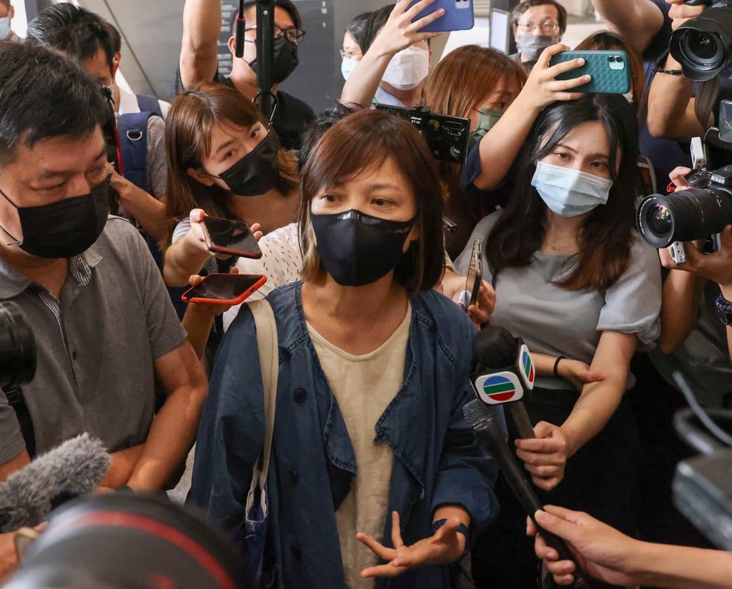 Former Apple Daily senior executive, Chan Pui-man (centre), is testifying against her ex-boss. Photo: Nora Tam