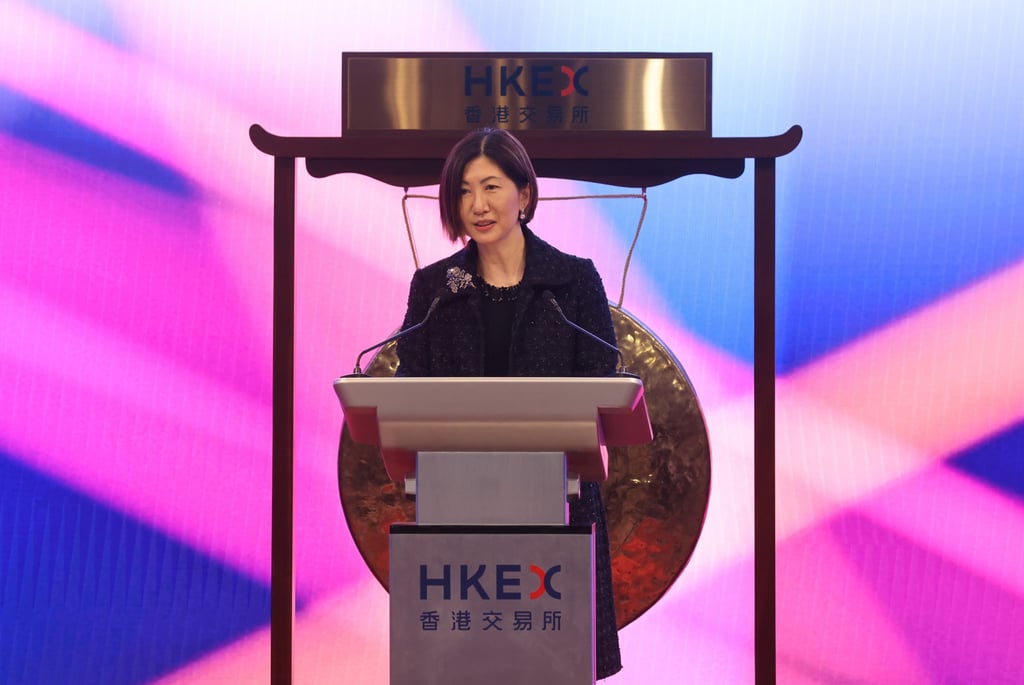 Bonnie Chan speaks at an HKEX special market closing ceremony on 8 March, 2023. She will assume the role of CEO on March 1. Photo: May Tse Bonnie Chan speaks at an HKEX special market closing ceremony on 8 March, 2023. She will assume the role of CEO on March 1. Photo: May Tse