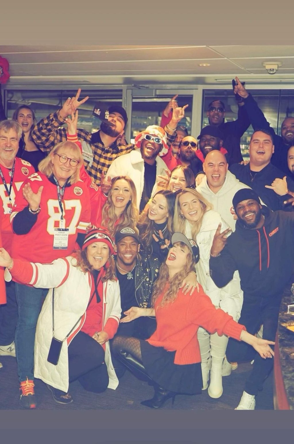 Donna Kelce updated her Facebook cover photo with this celebratory group shot featuring her son Travis’ girlfriend Taylor Swift. Photo: Donna Kelce/Facebook