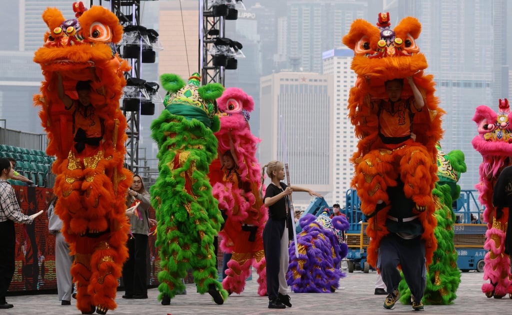 A performing group rehearses on February 6, 2024 for the ‘Cathay International Chinese New Year Night Parade’, to be held in Tsim Sha Tsui on the first day of the Year of the Dragon. Photo: May Tse A performing group rehearses on February 6, 2024 for the ‘Cathay International Chinese New Year Night Parade’, to be held in Tsim Sha Tsui on the first day of the Year of the Dragon. Photo: May Tse