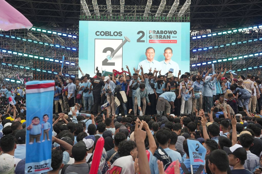 Supporters of Prabowo Subianto and Gibran Rakabuming Raka at their final campaign rally in Jakarta, on Saturday. Photo: Bloomberg Supporters of Prabowo Subianto and Gibran Rakabuming Raka at their final campaign rally in Jakarta, on Saturday. Photo: Bloomberg