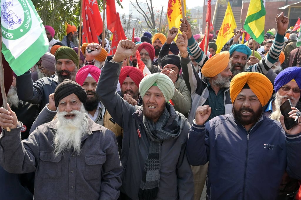 Farmers shout slogans during a protest demanding minimum crop prices in Amritsar, India. Photo: AFP Farmers shout slogans during a protest demanding minimum crop prices in Amritsar, India. Photo: AFP