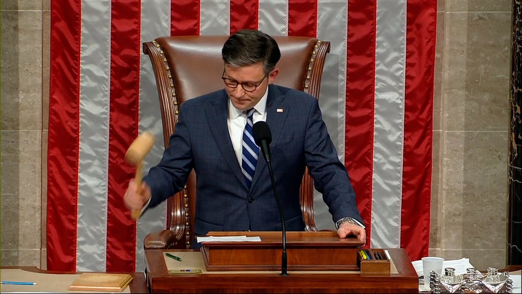House Speaker Mike Johnson bangs the gavel after he announced the House voted to impeach Homeland Security Secretary Alejandro Mayorkas. Photo: House Television via AP