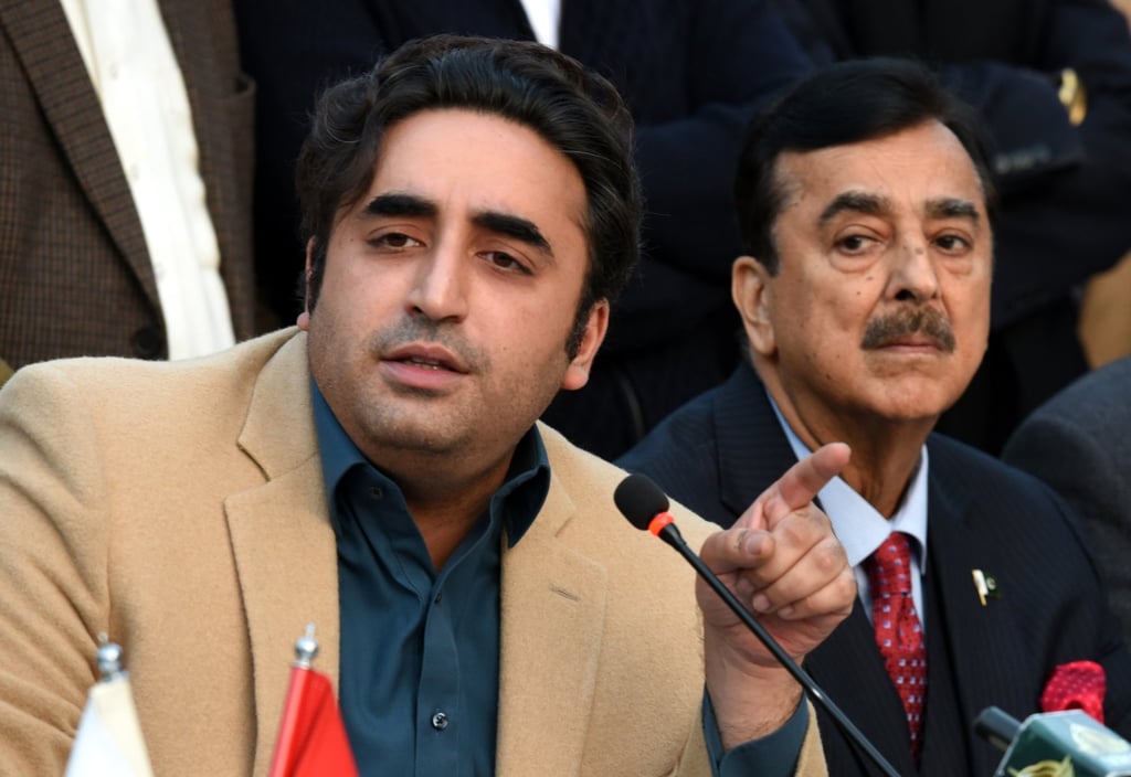 Bilawal Bhutto Zardari (left), chairman of the Pakistan Peoples Party, speaks during a press conference in Islamabad on Tuesday. Photo: EPA-EFE
