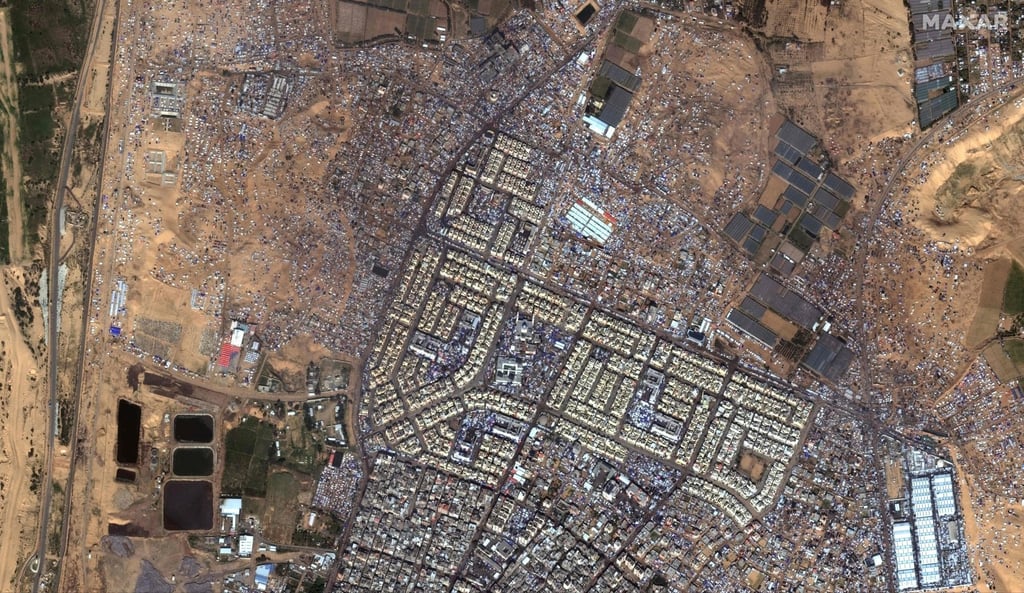 Tents and shelters of displaced people in Rafah, southern Gaza Strip. Photo Maxar Technologies via AFP