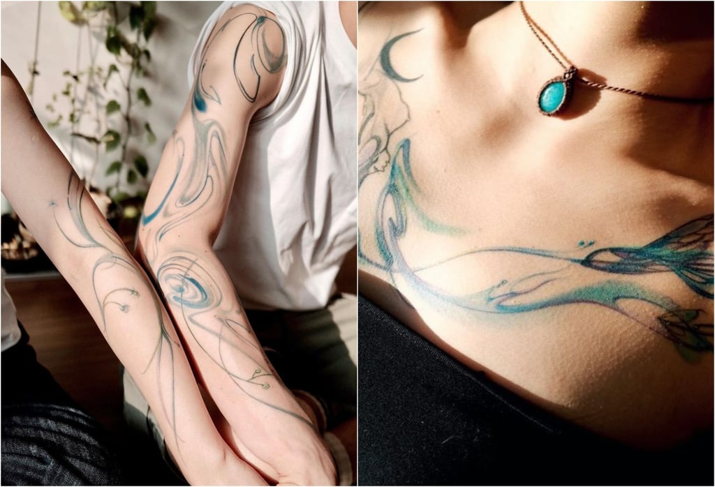 Gaga Ma’s swirling, liquid-like tattoos. Photos: @gagama/Instagram