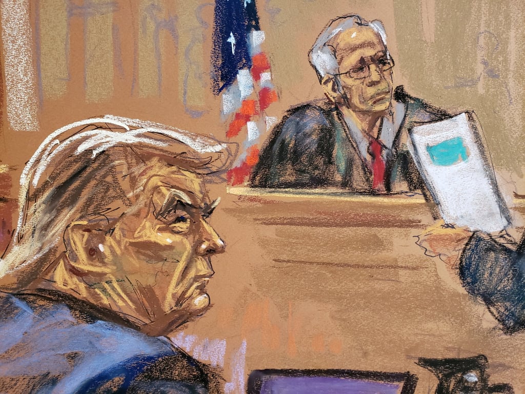 Former US President Donald Trump and Justice Arthur Engoron listen to opening arguments during the civil fraud trial in New York in October 2023. Courtroom sketch: Jane Rosenberg via Reuters Former US President Donald Trump and Justice Arthur Engoron listen to opening arguments during the civil fraud trial in New York in October 2023. Courtroom sketch: Jane Rosenberg via Reuters