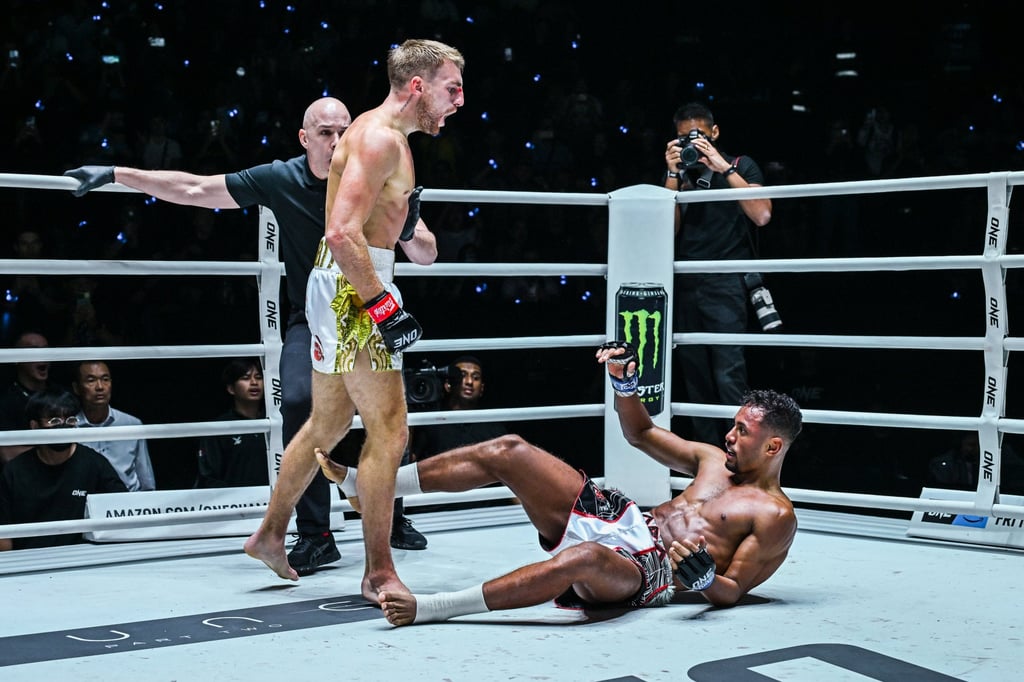 Jonathan Haggerty sends Felipe Lobo to the canvas at ONE Fight Night 19. Photo: ONE Championship Jonathan Haggerty sends Felipe Lobo to the canvas at ONE Fight Night 19. Photo: ONE Championship