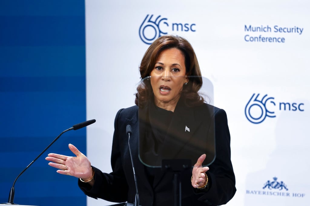 US Vice-President Kamala Harris speaking at the Munich Security Conference on Friday. Photo: AP