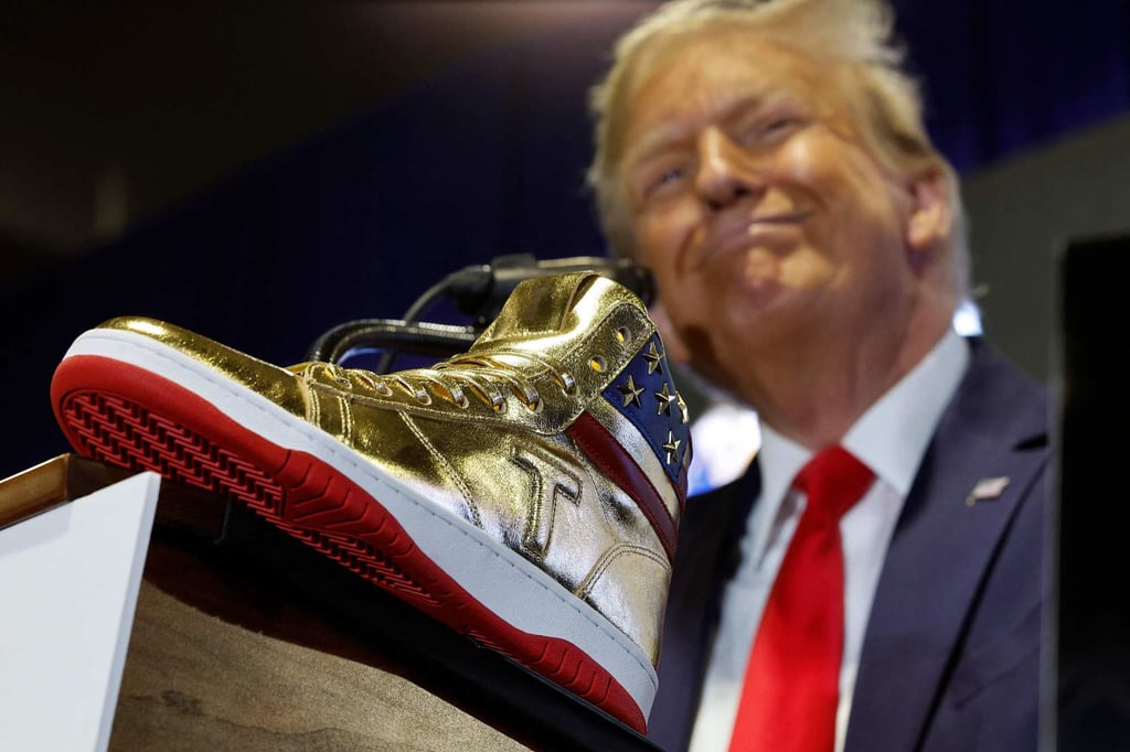 Republican presidential candidate Donald Trump delivers remarks while introducing a new line of signature shoes at Sneaker Con at the Philadelphia Convention Centre on Saturday. Photo: AFP Republican presidential candidate Donald Trump delivers remarks while introducing a new line of signature shoes at Sneaker Con at the Philadelphia Convention Centre on Saturday. Photo: AFP
