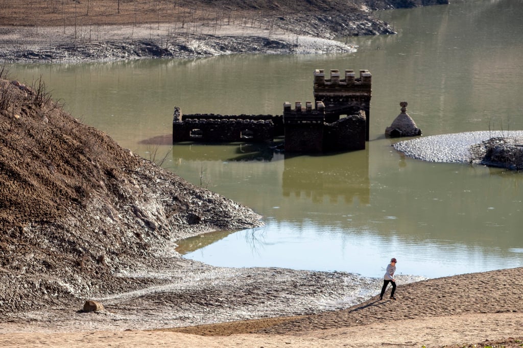 The old town of Sant Roma de Sau, near Barcelona, Catalonia, Spain, where the water in the Sau reservoir used to almost completely cover the ruined church, before the area became hotter and drier. Photo: Getty Images