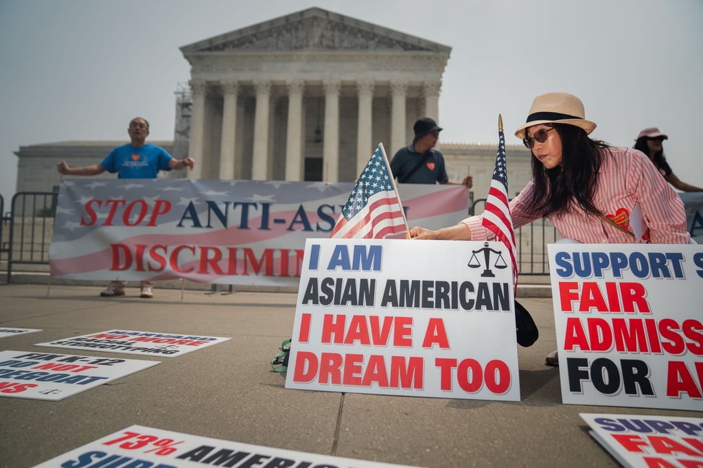 People with the Asian-American Coalition for Education rally outside the US Supreme Court in June 2023. Photo: TNS People with the Asian-American Coalition for Education rally outside the US Supreme Court in June 2023. Photo: TNS
