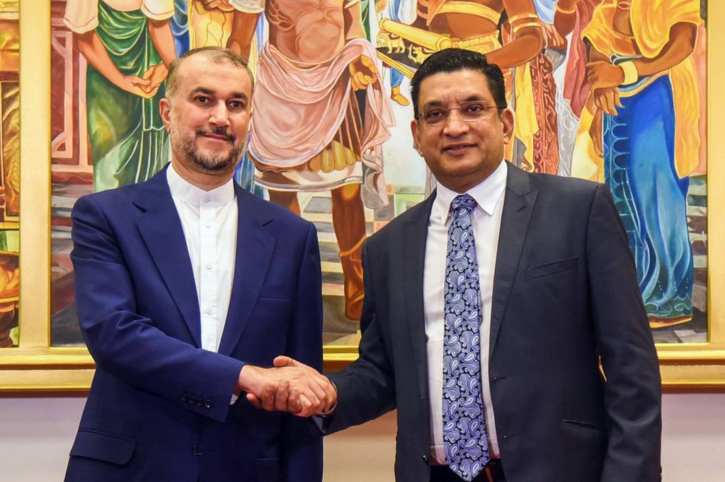 Sri Lanka’s Foreign Minister Ali Sabry (right) shakes hands with his Iranian counterpart Hossein Amir Abdollahian in Colombo on Tuesday. Photo: AFP Sri Lanka’s Foreign Minister Ali Sabry (right) shakes hands with his Iranian counterpart Hossein Amir Abdollahian in Colombo on Tuesday. Photo: AFP
