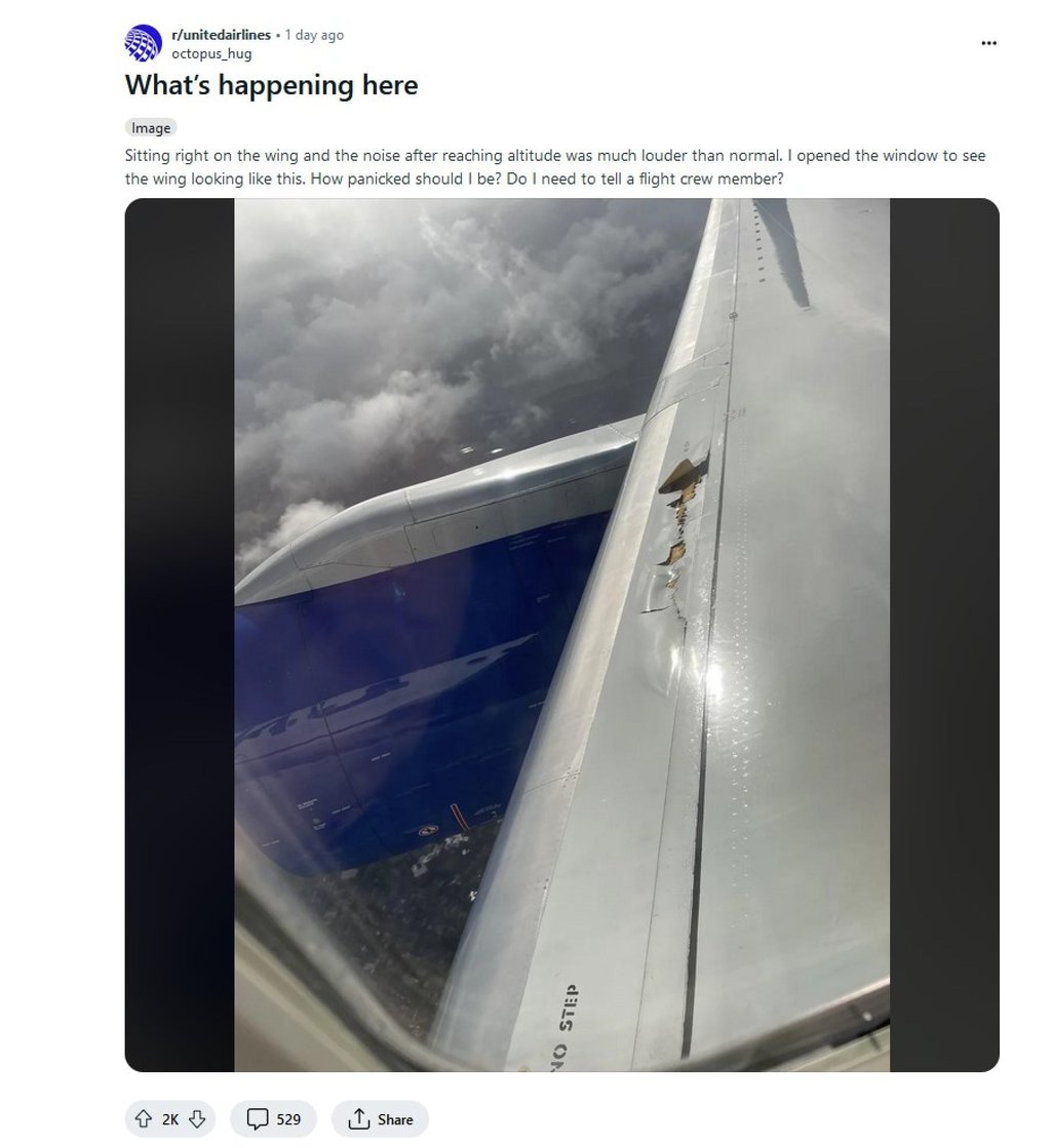 A user on Reddit posted a photo of what appeared to be the damaged wing on a United Airlines flight. Photo: Reddit/octopus_hug A user on Reddit posted a photo of what appeared to be the damaged wing on a United Airlines flight. Photo: Reddit/octopus_hug