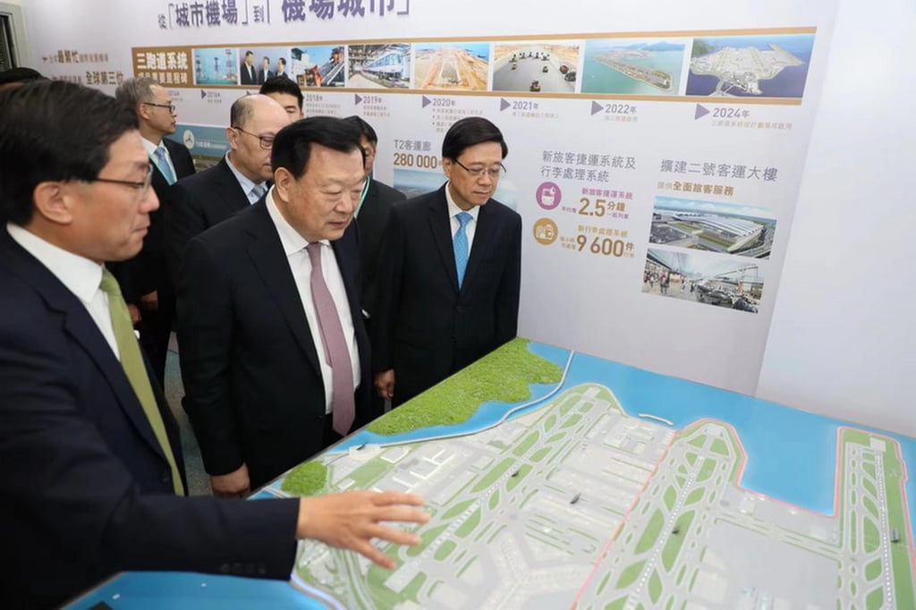Hong Kong and Macau Affairs Office director Xia Baolong (second from left) visits the Integrated Airport Centre. Photo: hmo.gov.cn Hong Kong and Macau Affairs Office director Xia Baolong (second from left) visits the Integrated Airport Centre. Photo: hmo.gov.cn