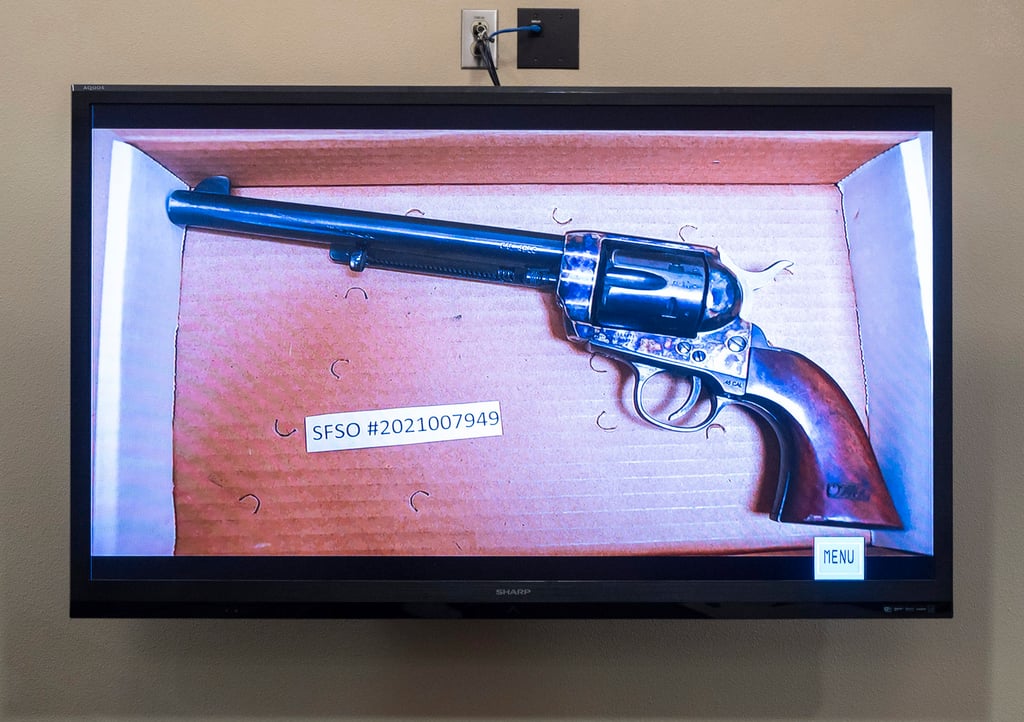 The revolver fired in the death of cinematographer Halyna Hutchins is displayed during the trial against Hannah Gutierrez-Reed in Santa Fe, New Mexico, on Thursday. Photo: Santa Fe New Mexican via AP